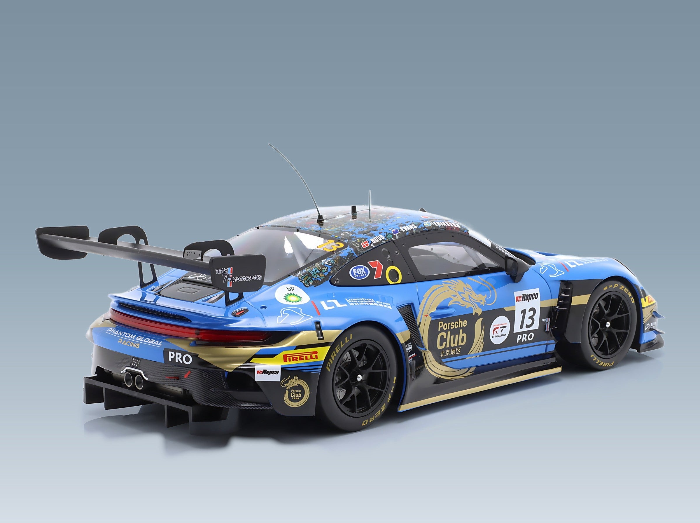 Porsche 911 992 GT3 R Phantom Global Racing No. 13 4th 12h Bathurst 2024 Jaxon Evans Joel Eriksson Thomas Preining IXO Models 1:18 scale model - rear three-quarter view