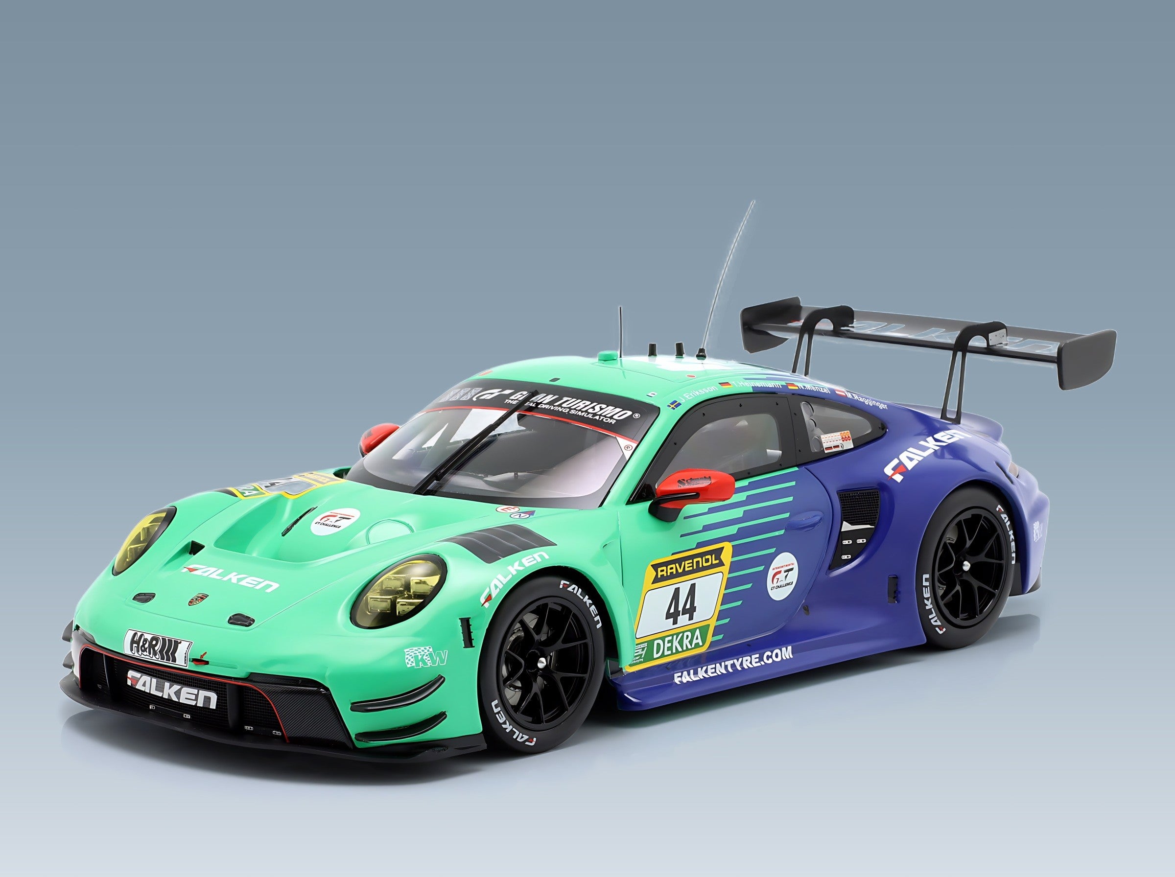 Porsche 911 992 GT3 R Falken Motorsports No. 44 Joel Eriksson Tim Heinemann Nico Menzel Martin Ragginger 24h Nürburgring 2024 IXO Models 1:18 scale model - front three-quarter view