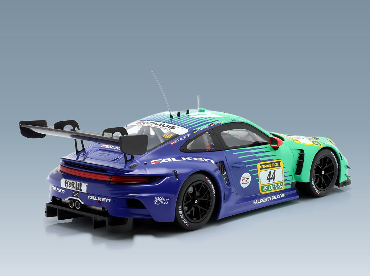 Porsche 911 992 GT3 R Falken Motorsports No. 44 Joel Eriksson Tim Heinemann Nico Menzel Martin Ragginger 24h Nürburgring 2024 IXO Models 1:18 scale model - rear three-quarter view