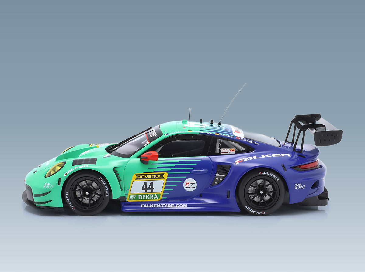 Porsche 911 992 GT3 R Falken Motorsports No. 44 Joel Eriksson Tim Heinemann Nico Menzel Martin Ragginger 24h Nürburgring 2024 IXO Models 1:18 scale model - side view