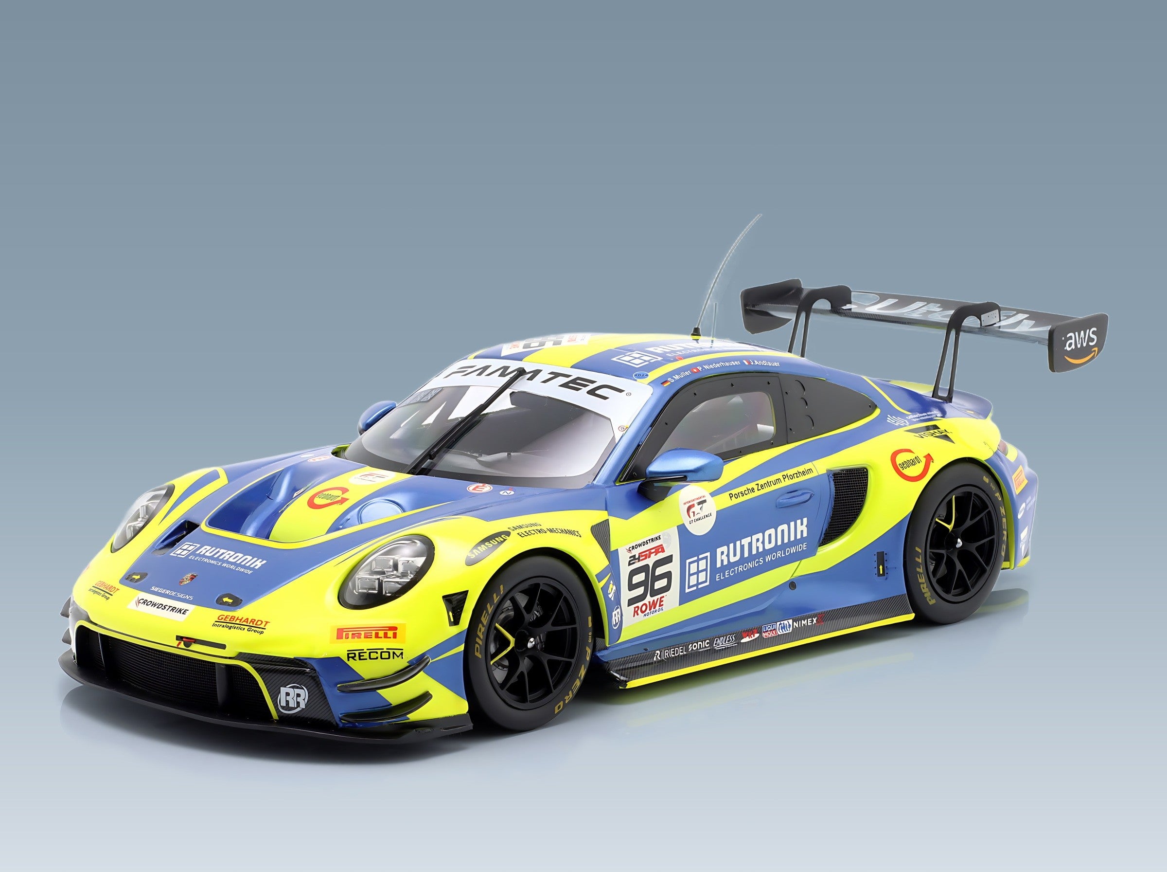 Porsche 911 992 GT3 R Rutronik Racing No. 96 Andlauer Müller Niederhauser 24h Spa 2024 IXO Models 1:18 scale model - front three-quarter view