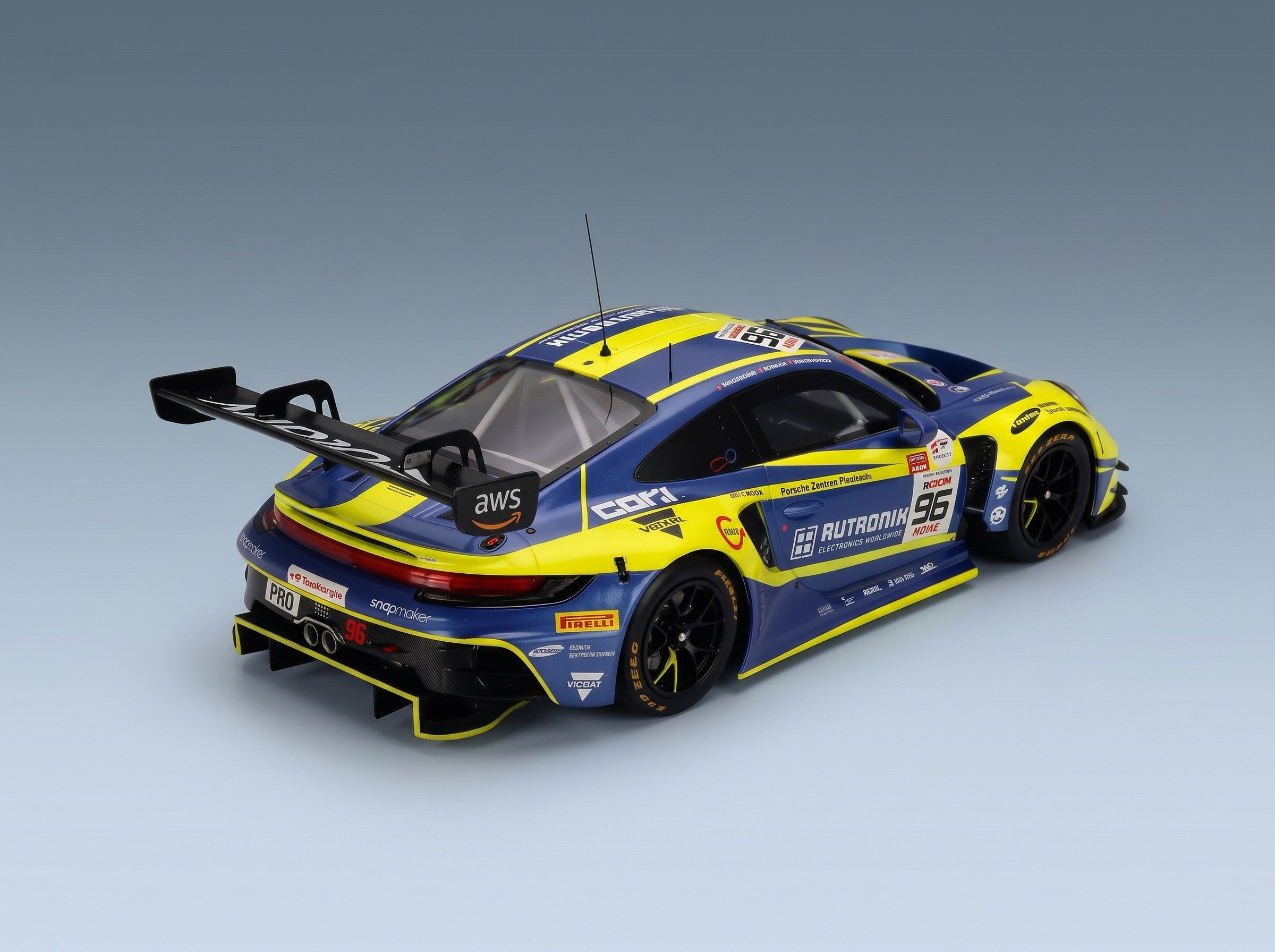 Porsche 911 GT3 R Rutronik Racing No. 96 Müller Niederhauser Picariello 2nd 24h Spa 2025 IXO Models 1:18 scale model - rear three-quarter view