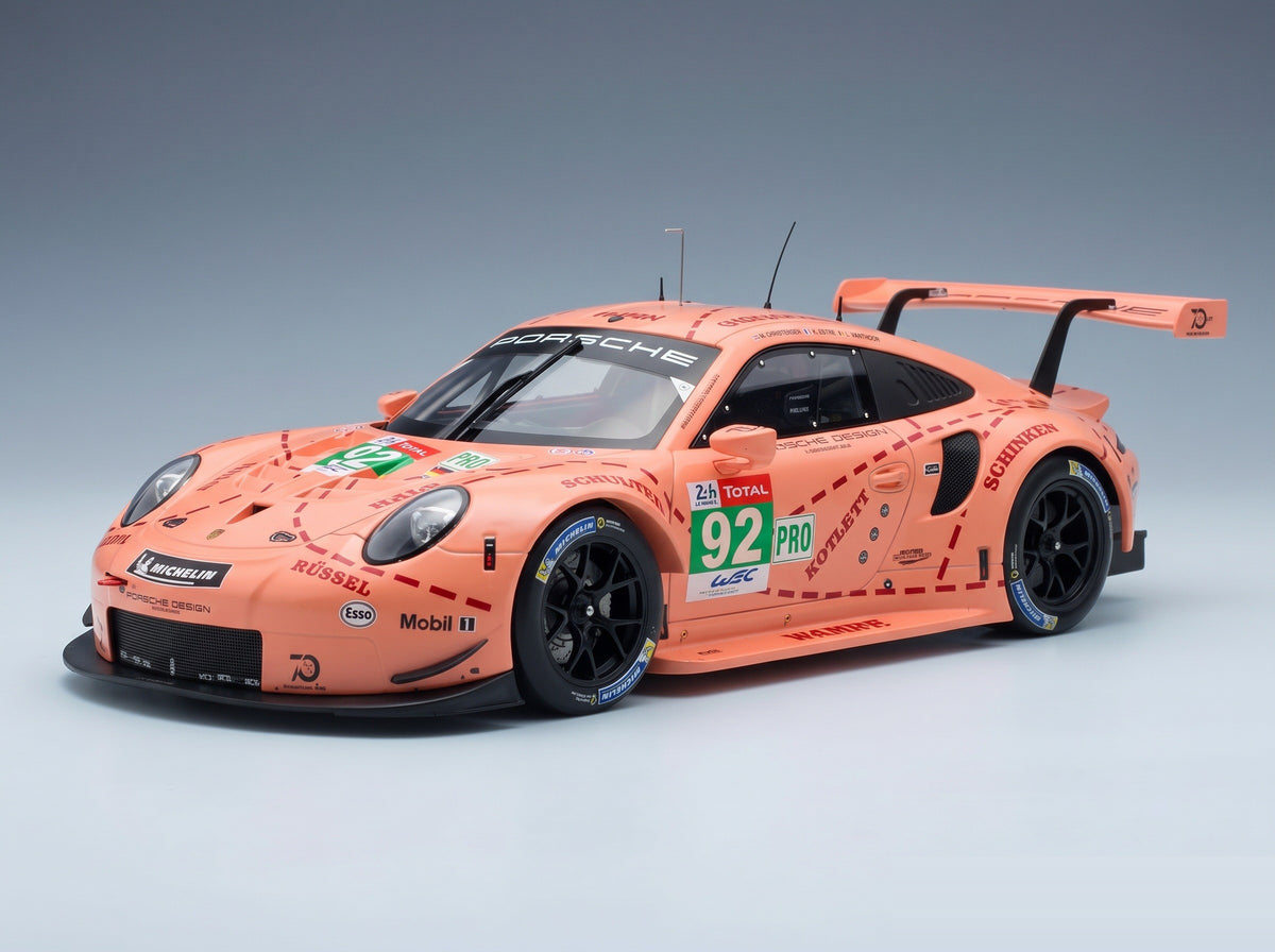 Porsche 911 991 RSR Porsche GT Team No. 92 Winner LMGTE Pro Pink Pig Tribute 24h Le Mans 2018 Michael Christensen Kevin Estre Laurens Vanthoor IXO Models 1:18 scale model - front three-quarter view