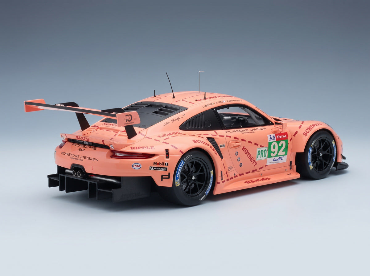 Porsche 911 991 RSR Porsche GT Team No. 92 Winner LMGTE Pro Pink Pig Tribute 24h Le Mans 2018 Michael Christensen Kevin Estre Laurens Vanthoor IXO Models 1:18 scale model - rear three-quarter view