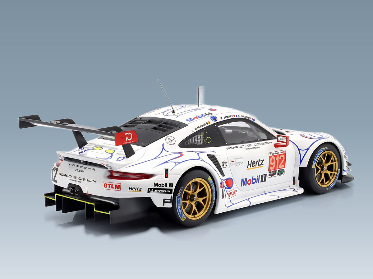 Porsche 911 991 RSR Porsche GT Team No. 912 Bamber Vanthoor Jaminet 2nd GTLM Petit Le Mans 2018 IXO Models 1:18 scale model - rear three-quarter view