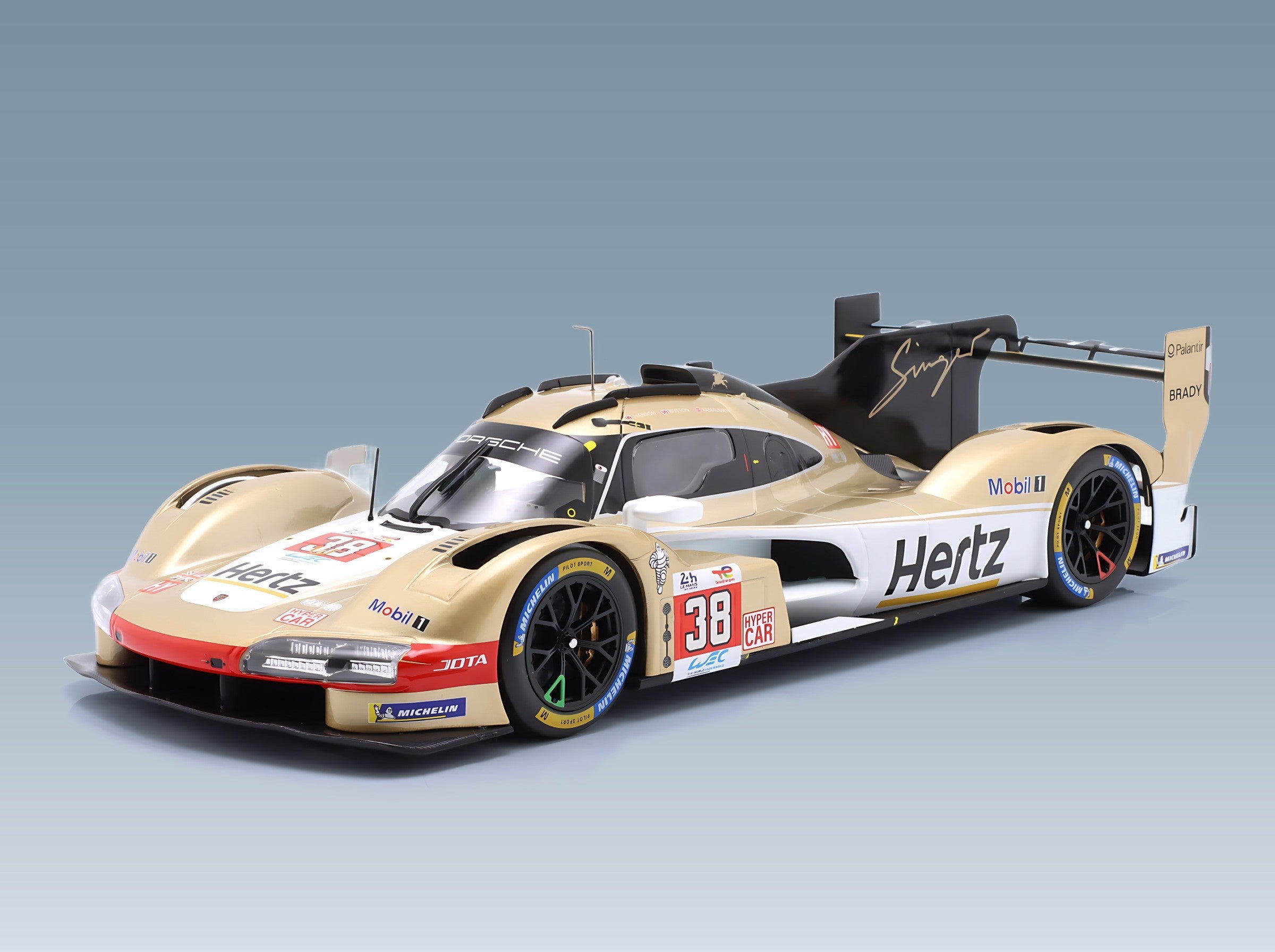 Porsche 963 9RD Team Hertz JOTA No. 38 Rasmussen Button Hanson 9th 24h Le Mans 2024 IXO Models 1:18 scale model - front three-quarter view