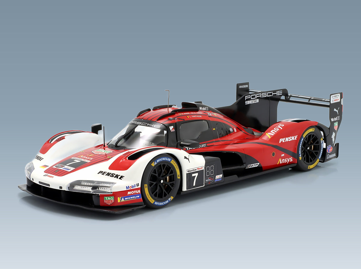 Porsche 963 Porsche Penske Motorsport No. 7 Felipe Nasr Nick Tandy Laurens Vanthoor Winner 12h Sebring 2025 IXO Models 1:18 scale model - front three-quarter view