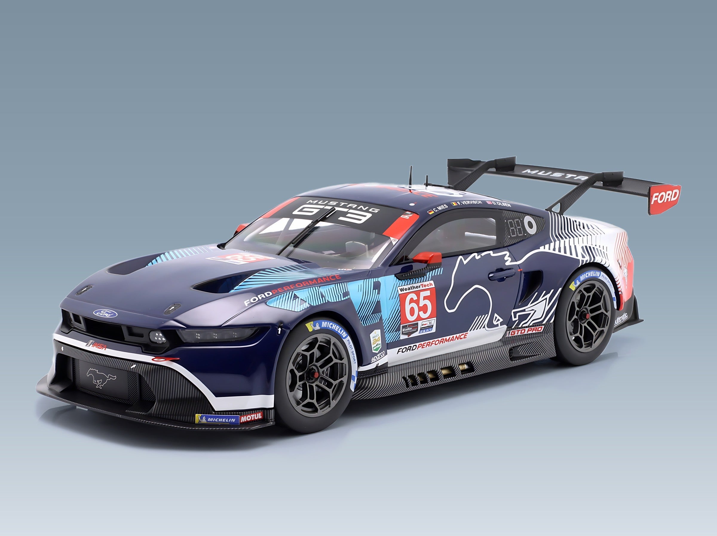 Ford Mustang GT3 Multimatic Motorsports No. 65 Mies Olsen Vervisch Winner GTD Pro Class IMSA 24h Daytona 2025 IXO Models 1:18 scale model - front three-quarter view