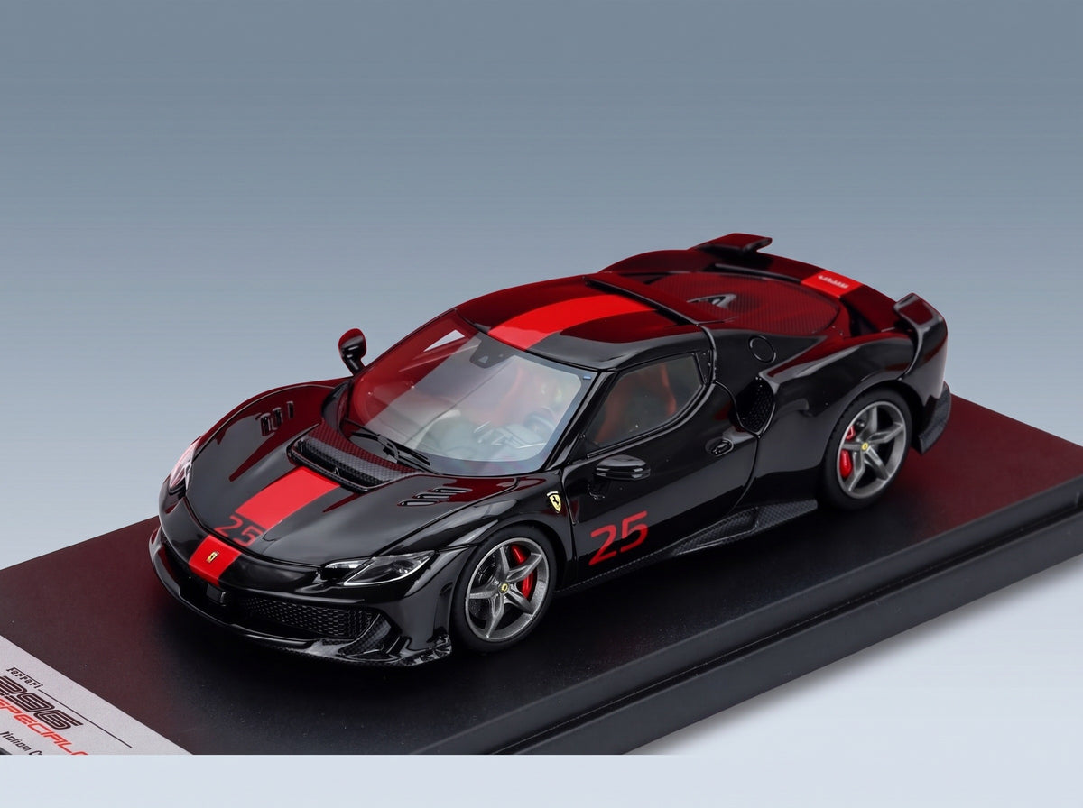 FERRARI - 296 SPECIALE N 25 2025 - NERO PUROSANGUE - BLACK RED scale model - front three-quarter view on display base