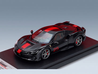 FERRARI - 296 SPECIALE N 25 2025 - NERO PUROSANGUE - BLACK RED scale model - front three-quarter view on display base