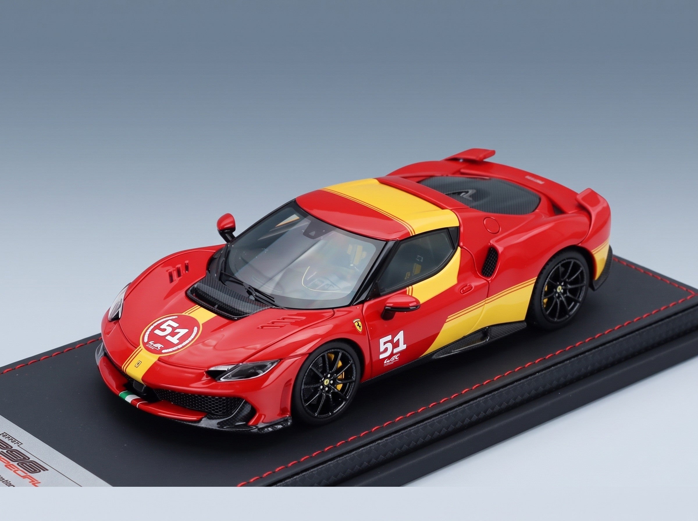 FERRARI - 296 N 51 SPECIALE PILOTI FERRARI 2025 - RED YELLOW scale model - front three-quarter view on display base