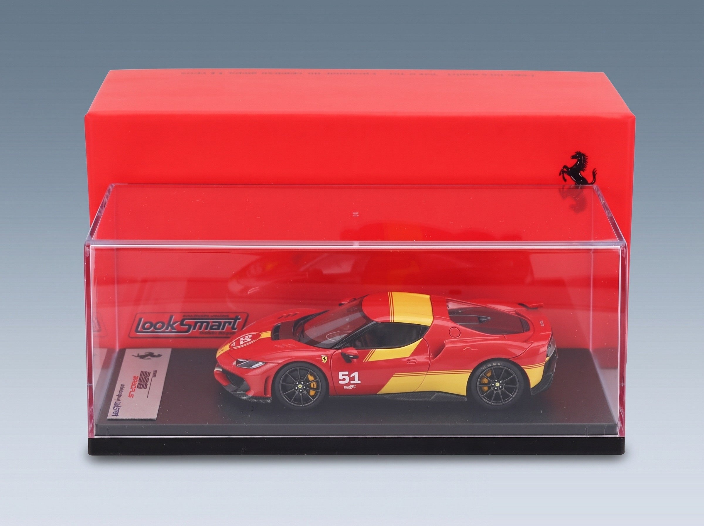 FERRARI - 296 N 51 SPECIALE PILOTI FERRARI 2025 - RED YELLOW scale model - side view in display case