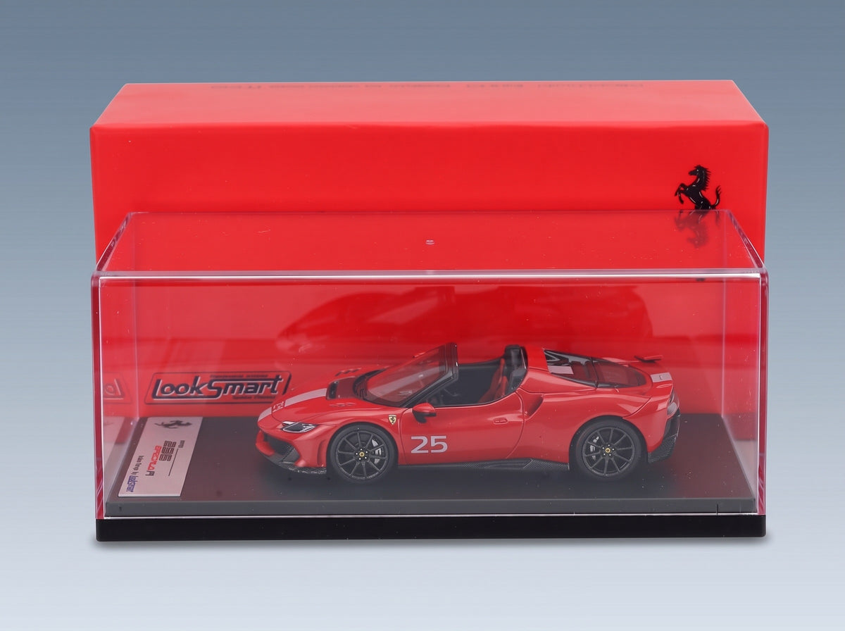 FERRARI - 296 SPECIALE A N 25 SPIDER OPEN 2025 - ROSSO CORSA - RED WHITE scale model - side view in display case