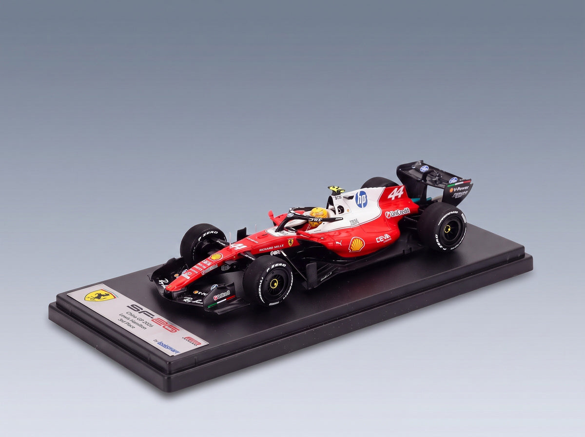 FERRARI - F1  SF-26 TEAM SCUDERIA FERRARI HP SF26 N 44 3rd CHINA GP 2026 LEWIS HAMILTON - RED WHITE BLACK scale model - front three-quarter view on display base