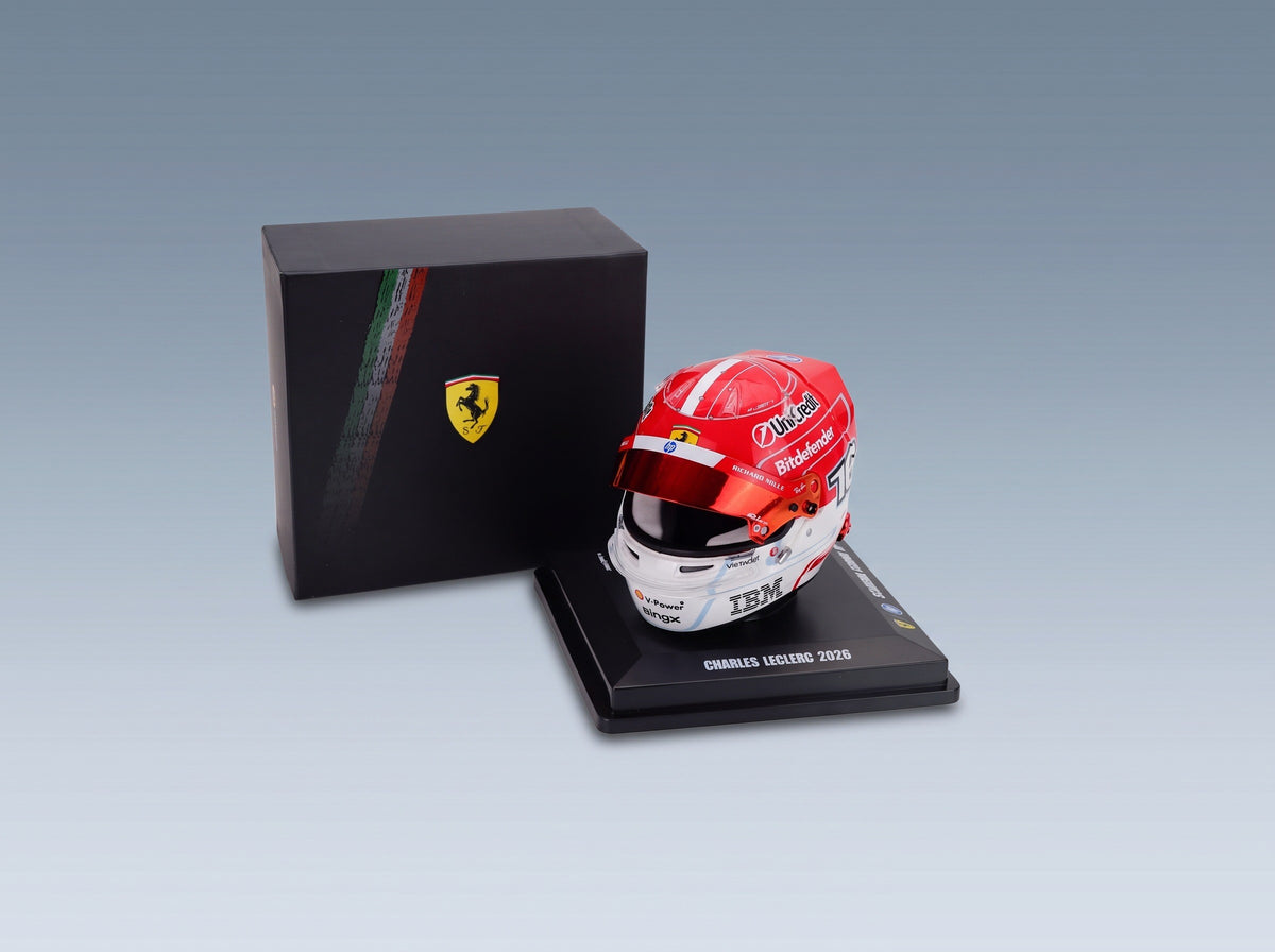 BELL HELMET - CASCO HELMET F1 CHARLES LECLERC TEAM FERRARI HP N 16 SEASON 2026 - RED WHITE scale helmet - side view in display case
