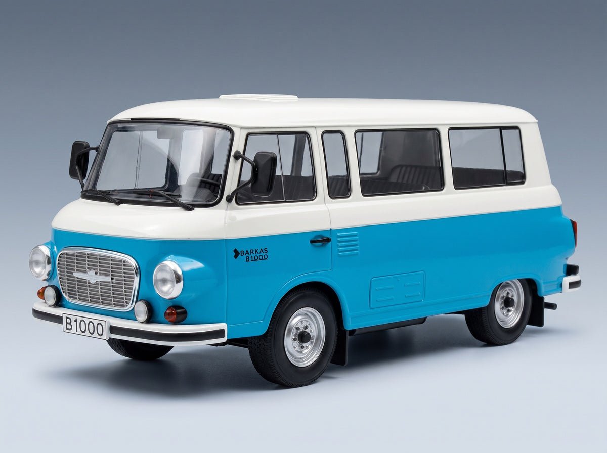 Barkas B1000 Minibus 1956 Blue White MCG 1:18 scale model - front three-quarter view
