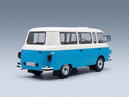 Barkas B1000 Minibus 1956 Blue White MCG 1:18 scale model - rear three-quarter view