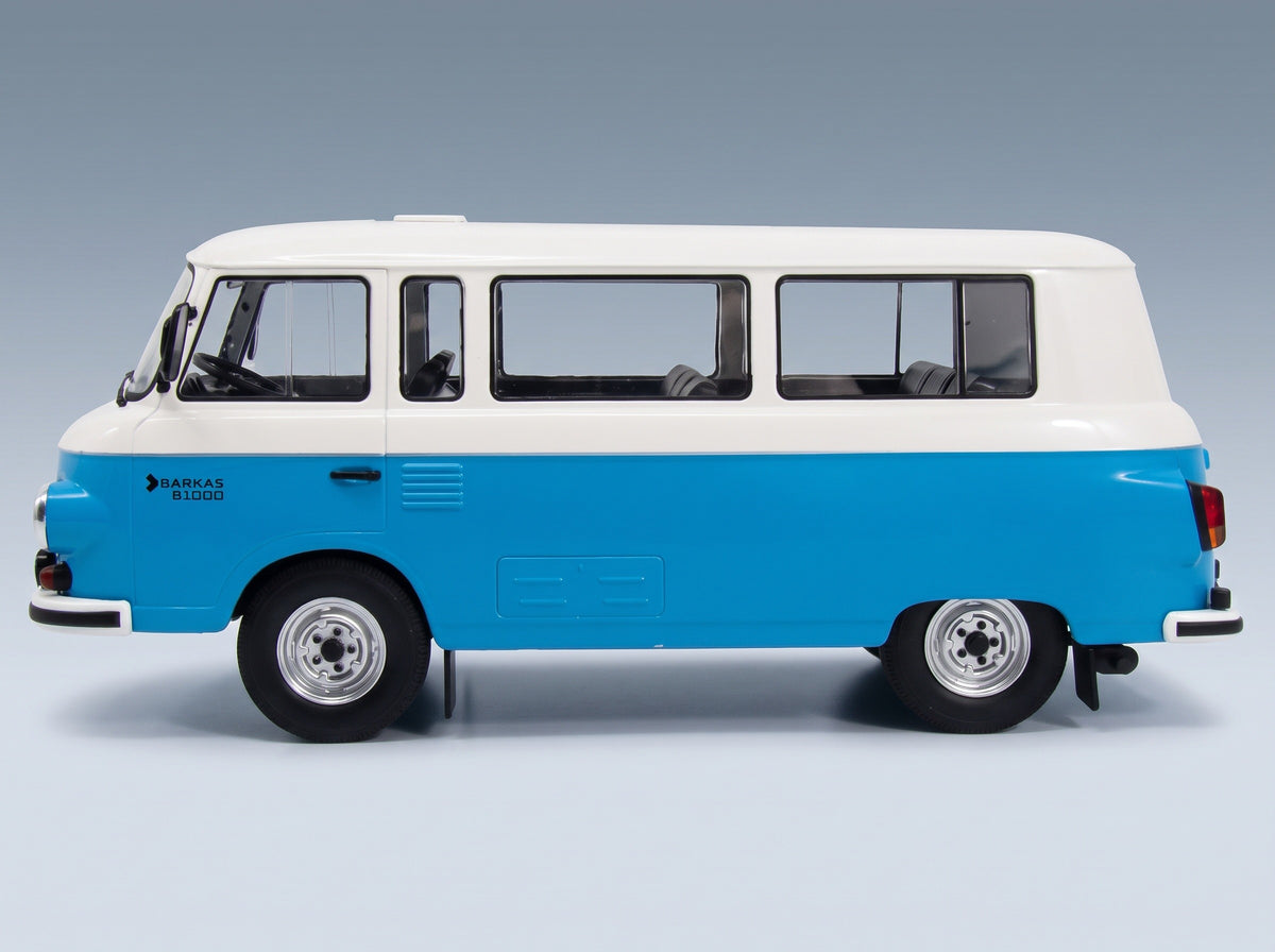 Barkas B1000 Minibus 1956 Blue White MCG 1:18 scale model - side view