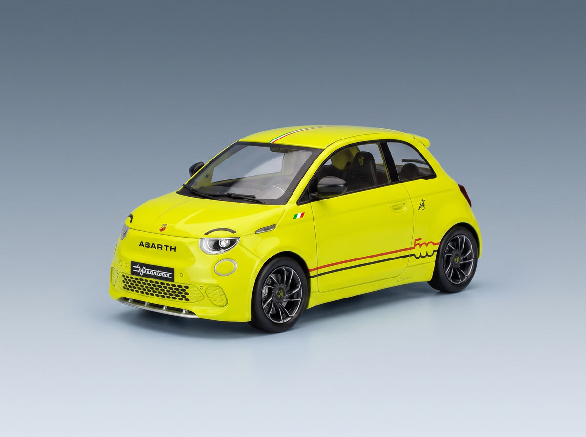 Fiat 500e Abarth 2024 Yellow MCG 1:18 scale model - front three-quarter view