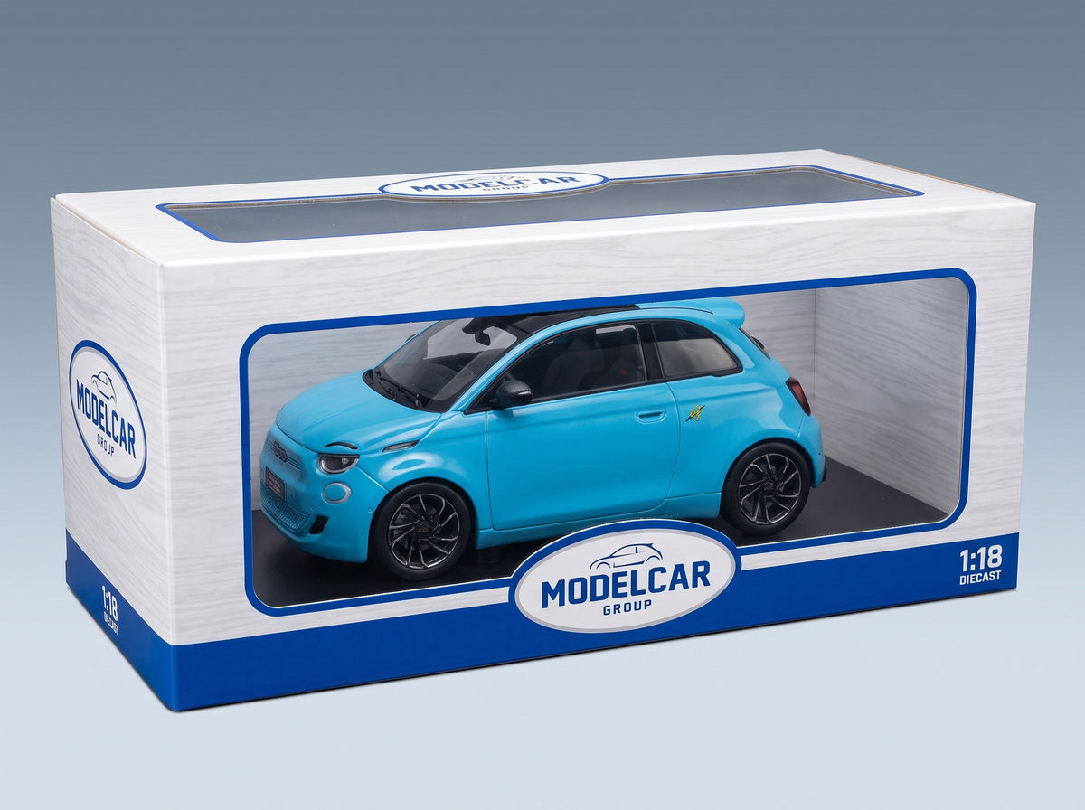 Fiat 500e Abarth 2024 Light Blue MCG 1:18 scale model - original packaging