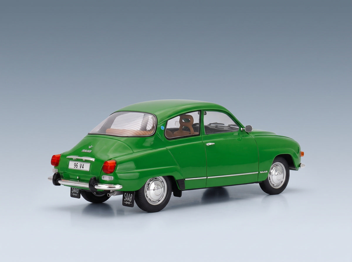 Saab 96 V4 1970 Dark Green MCG 1:18 scale model - rear three-quarter view