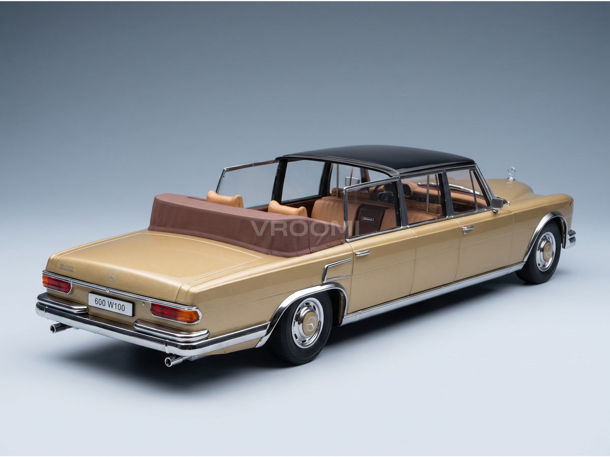 Mercedes-Benz S-Class 600 Pullman W100 Landaulet Semiconvertible 1964 Gold Metallic Black KK Scale 1:18 scale model - rear three-quarter view