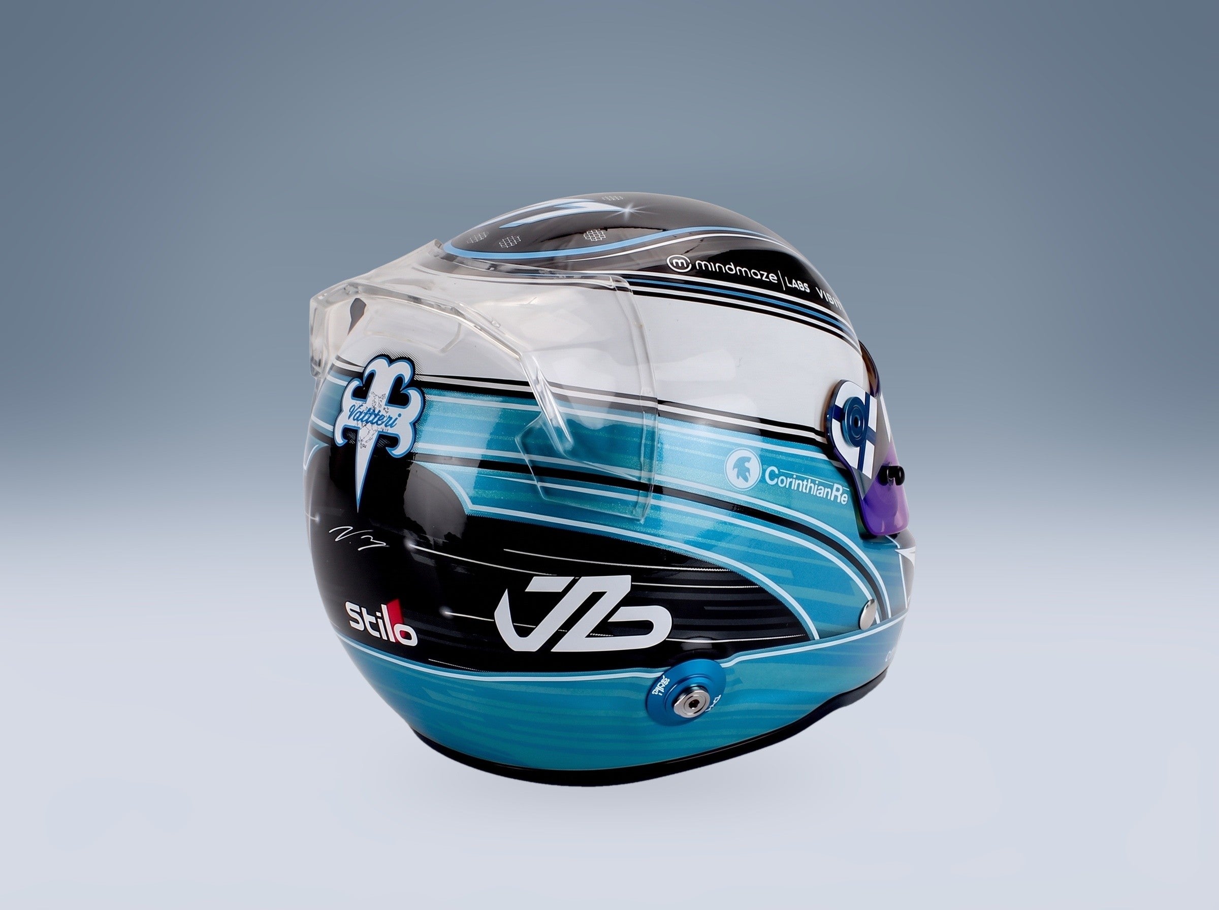 Stilo Helmet Valtteri Bottas Alfa Romeo Stake Kick No. 77 F1 2023 Season Mini Helmet 1:2 scale helmet - rear three-quarter view