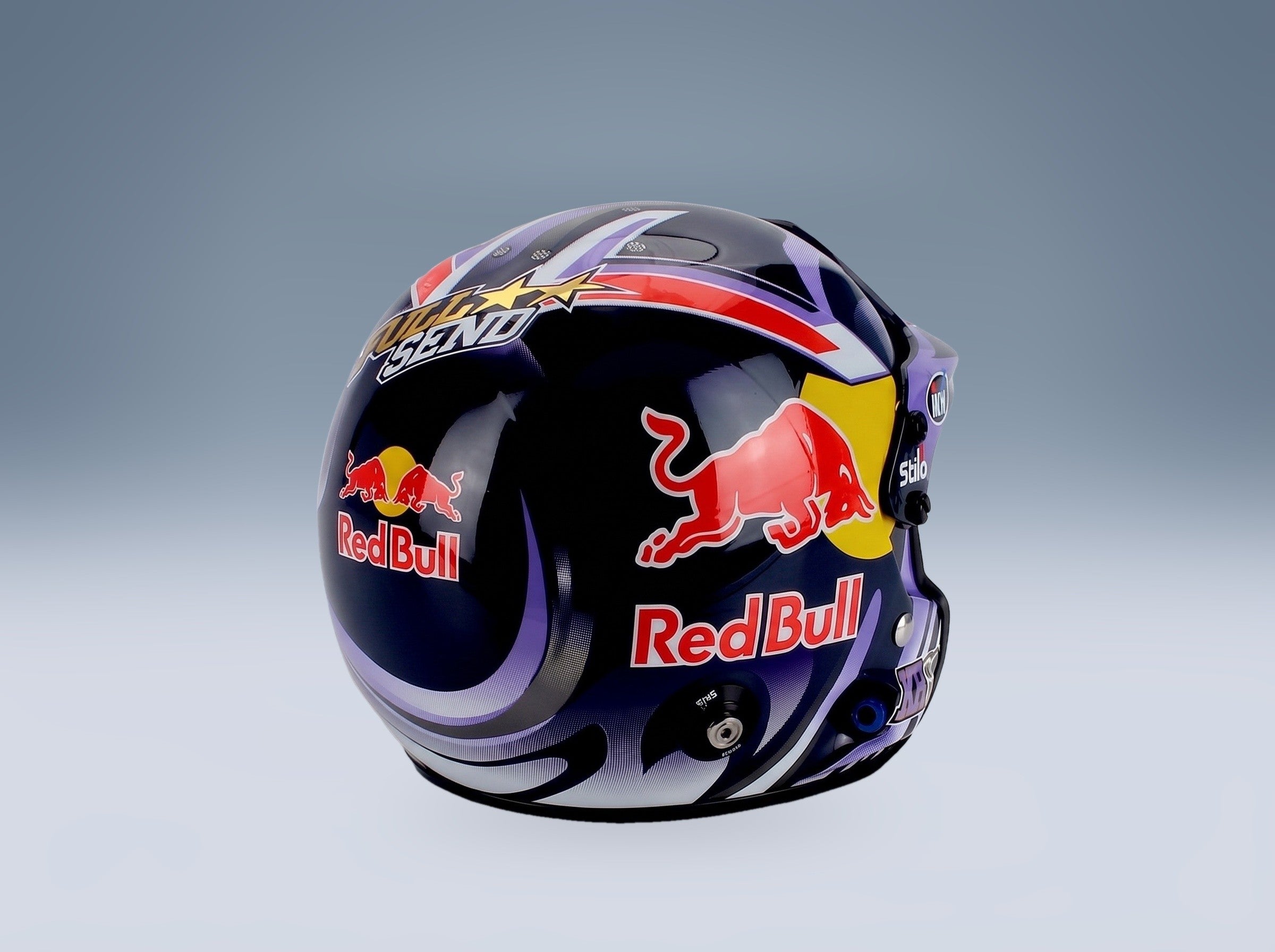 Stilo Helmet Kalle Rovanpera Toyota Yaris GR Rally1 Hybrid Gazoo Racing WRT Rally Season 2025 Mini Helmet 1:2 scale helmet - rear three-quarter view