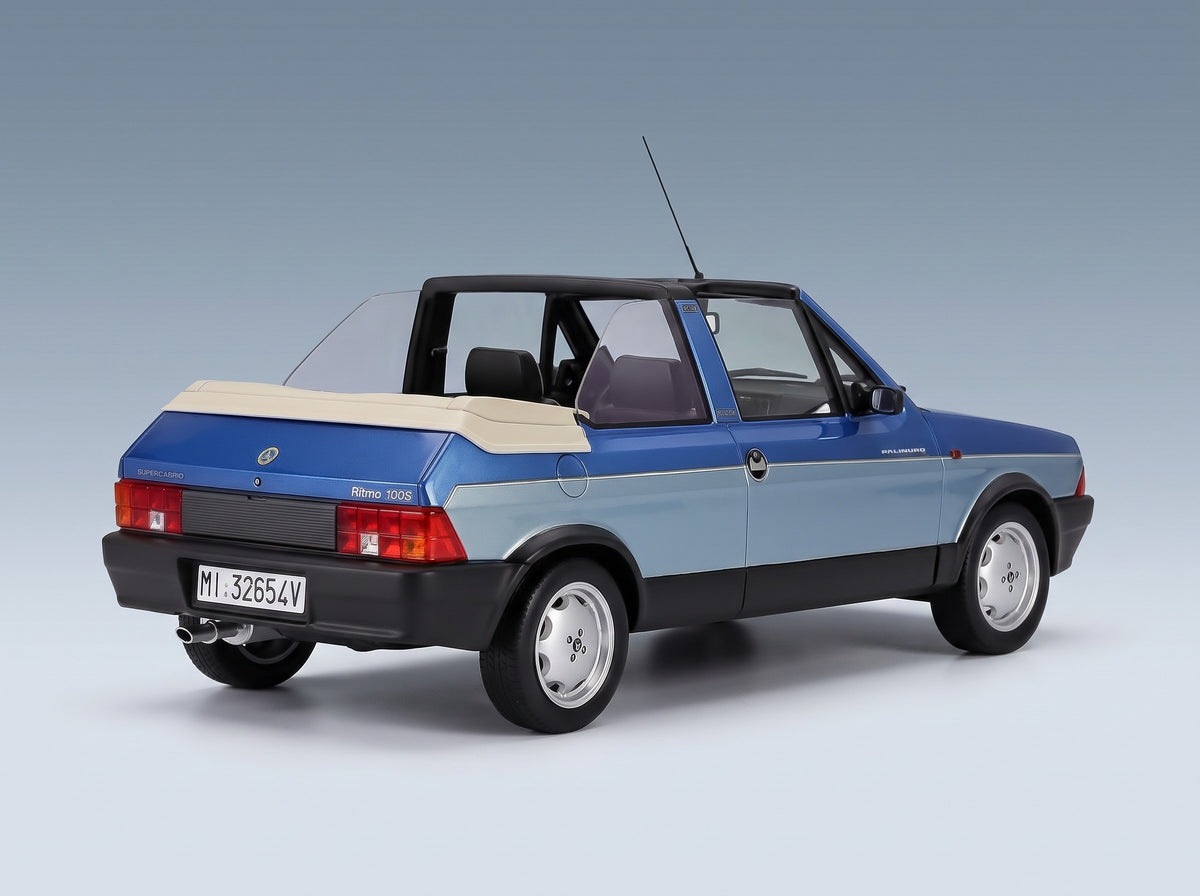 Fiat Ritmo Bertone Supercabrio 100S Palinuro 1986 Two-Tone Blue Metallic Mitica 1:18 scale model - rear three-quarter view, top down