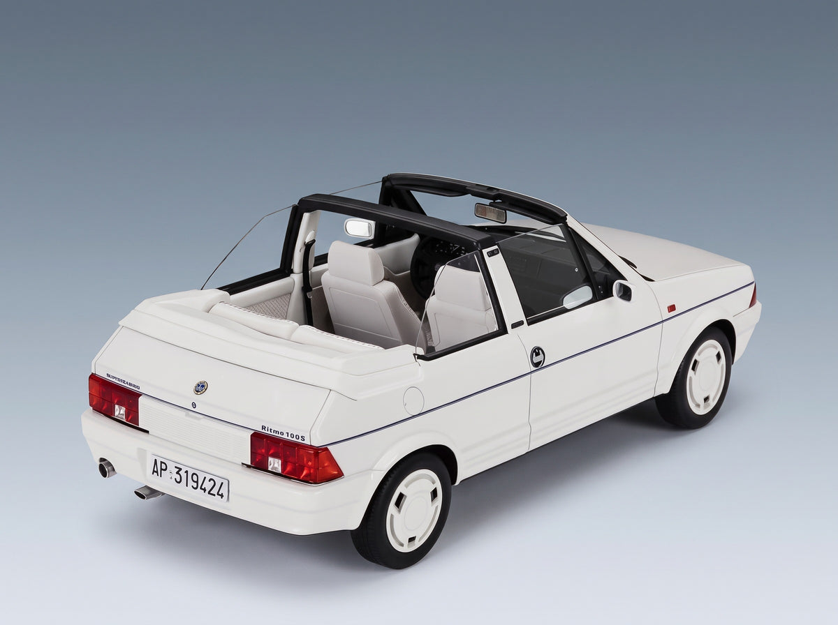 Fiat Ritmo Bertone Supercabrio 100S Serie Tutta Bianca 1986 White Mitica 1:18 scale model - rear three-quarter view, top down