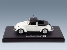 Volkswagen Beetle Kuip Coach Semiconvertible Open Police 1958 White Black Matrix Scale Models 1:43 scale model - side view on display base