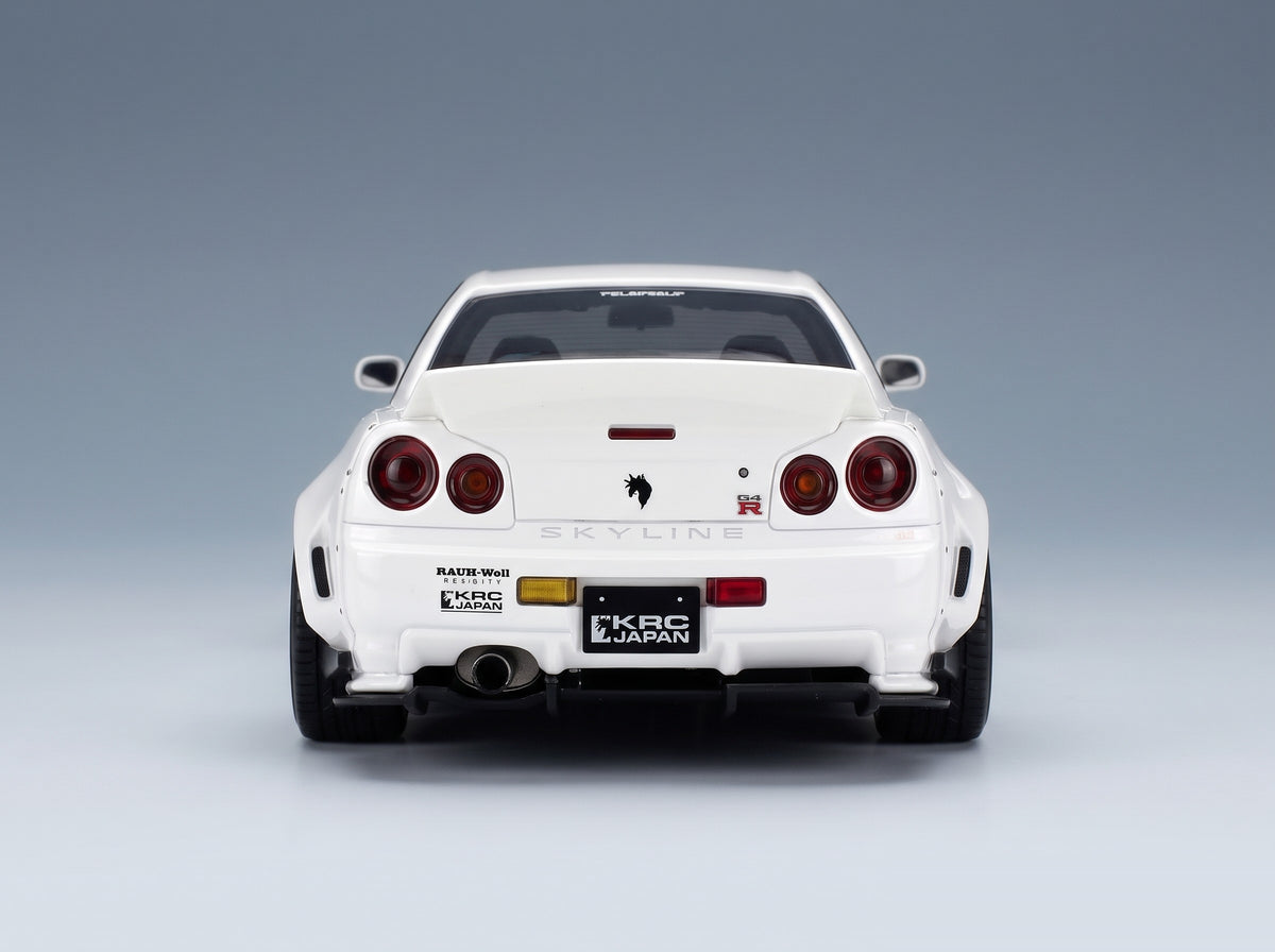 Nissan Skyline GT-R BNR34 by KRC 2019 White Otto-Mobile 1:18 scale model - rear view