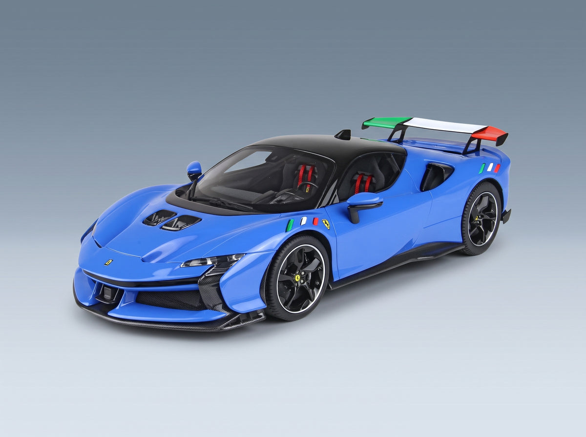 Ferrari SF90 XX Stradale Black Roof 2024 Blu Francia Blue Black with Showcase BBR Models 1:18 - front three-quarter view