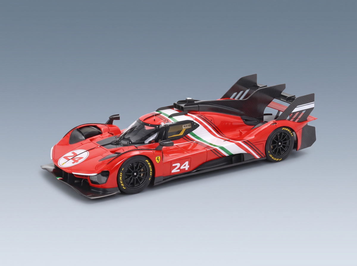 Ferrari 499P 3.0L Turbo V6 No. 24 Modificata Launch Version 2023 Red White Black with Showcase BBR Models 1:18 scale model - front three-quarter view