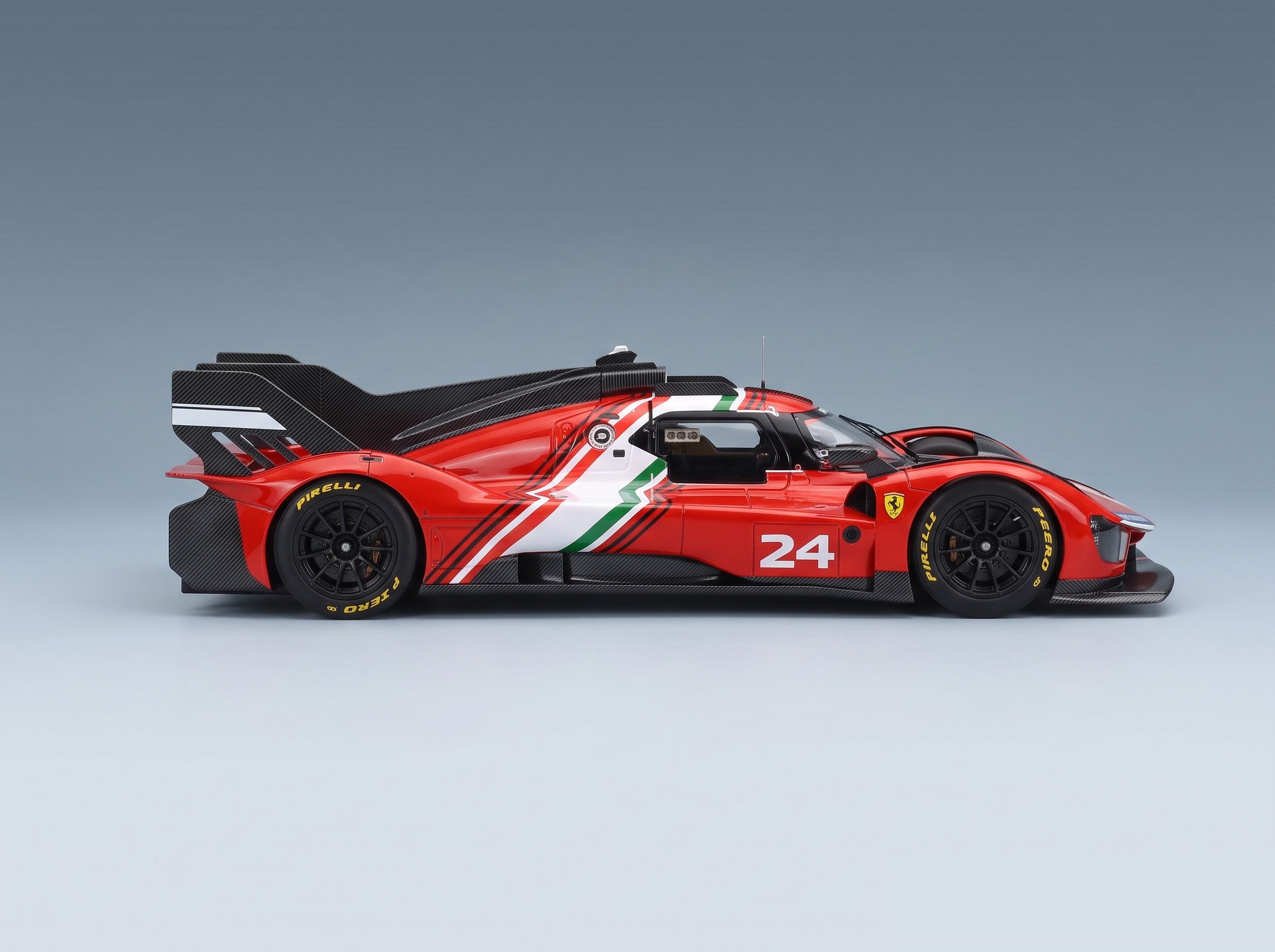 Ferrari 499P 3.0L Turbo V6 No. 24 Modificata Launch Version 2023 Red White Black with Showcase BBR Models 1:18 scale model - side view