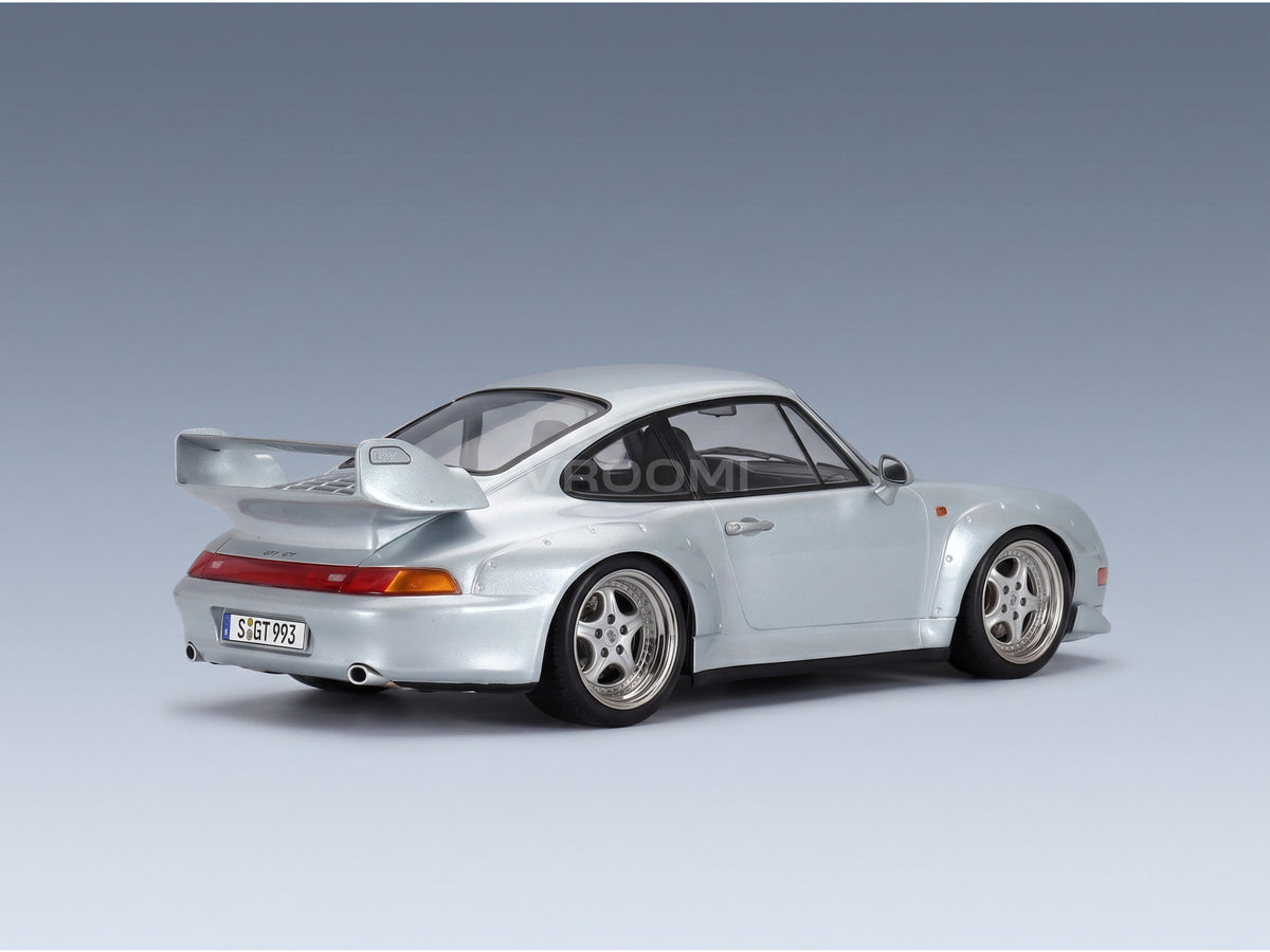 Porsche 911 993 GT2 Coupé 1996 Silver Speedline Rims KK Scale 1:18 scale model - rear three-quarter view