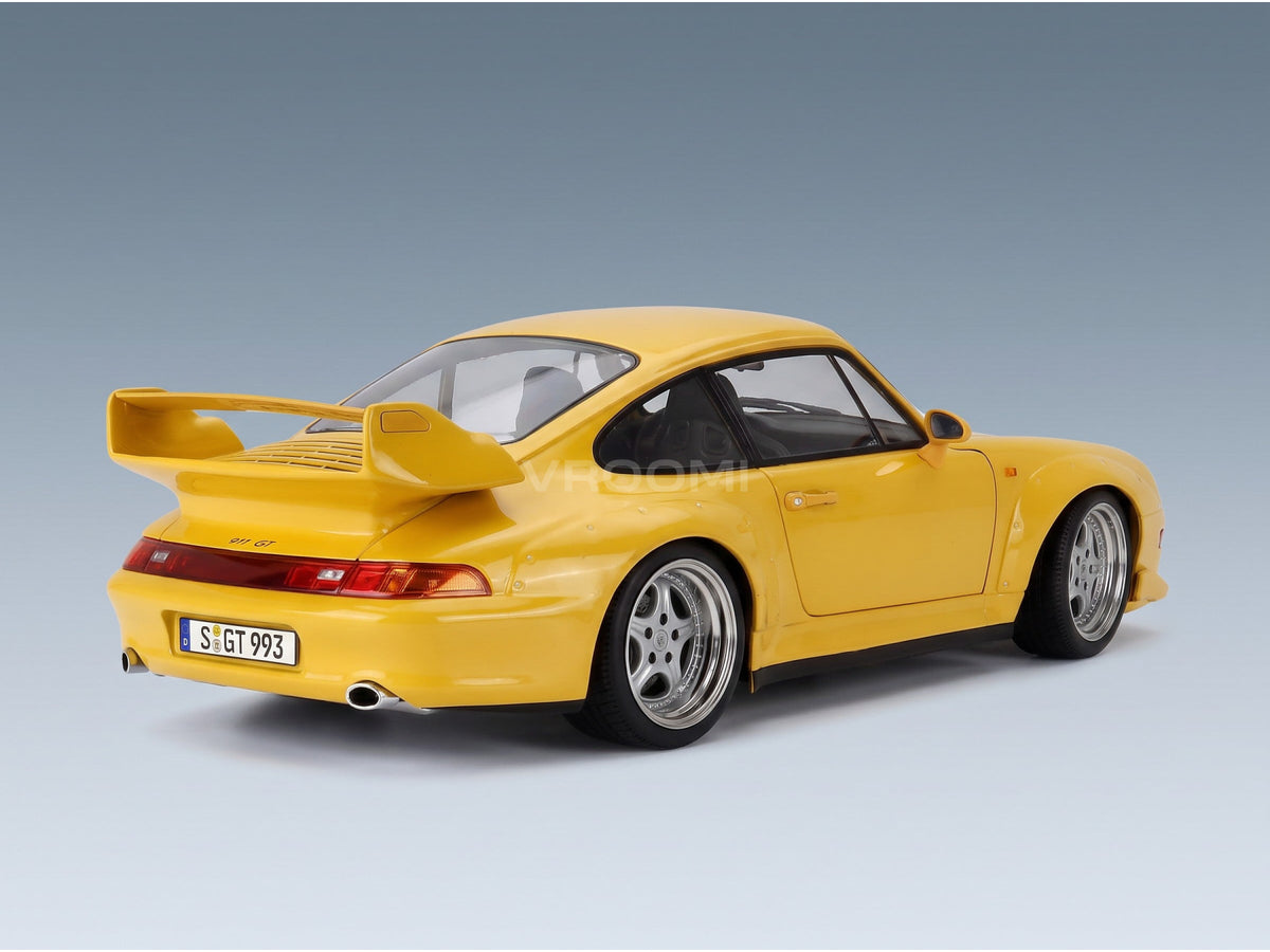 Porsche 911 993 GT2 Coupé 1996 Yellow Speedline Rims KK Scale 1:12 scale model - rear three-quarter view