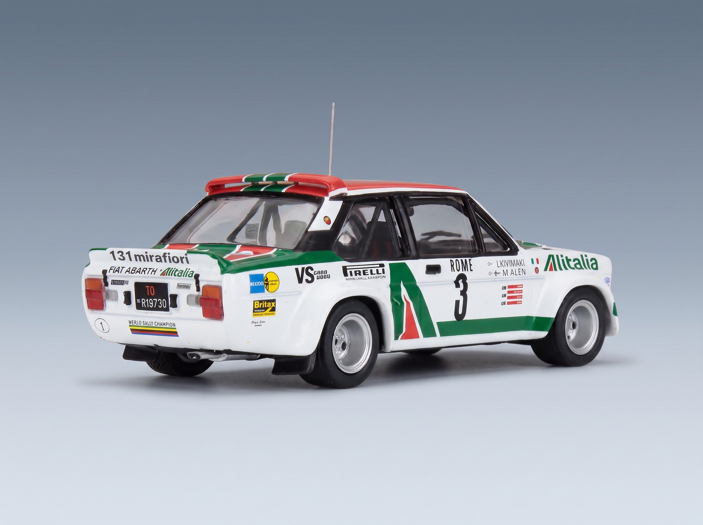 Fiat 131 Abarth Team Alitalia No. 3 Markku Alen Ilkka Kivimäki 3rd Rally Monte Carlo 1979 IXO Models 1:43 scale model - rear three-quarter view