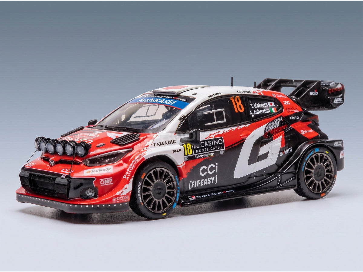 TOYOTA - YARIS GR WRC RALLY1 HYBRID TEAM TOYOTA GAZOO RACING WRT (night version) N 18 RALLY MONTECARLO 2026 TAKAMOTO KATSUTA - AARON JOHNSTON - RED WHITE BLACK scale model - front three-quarter view