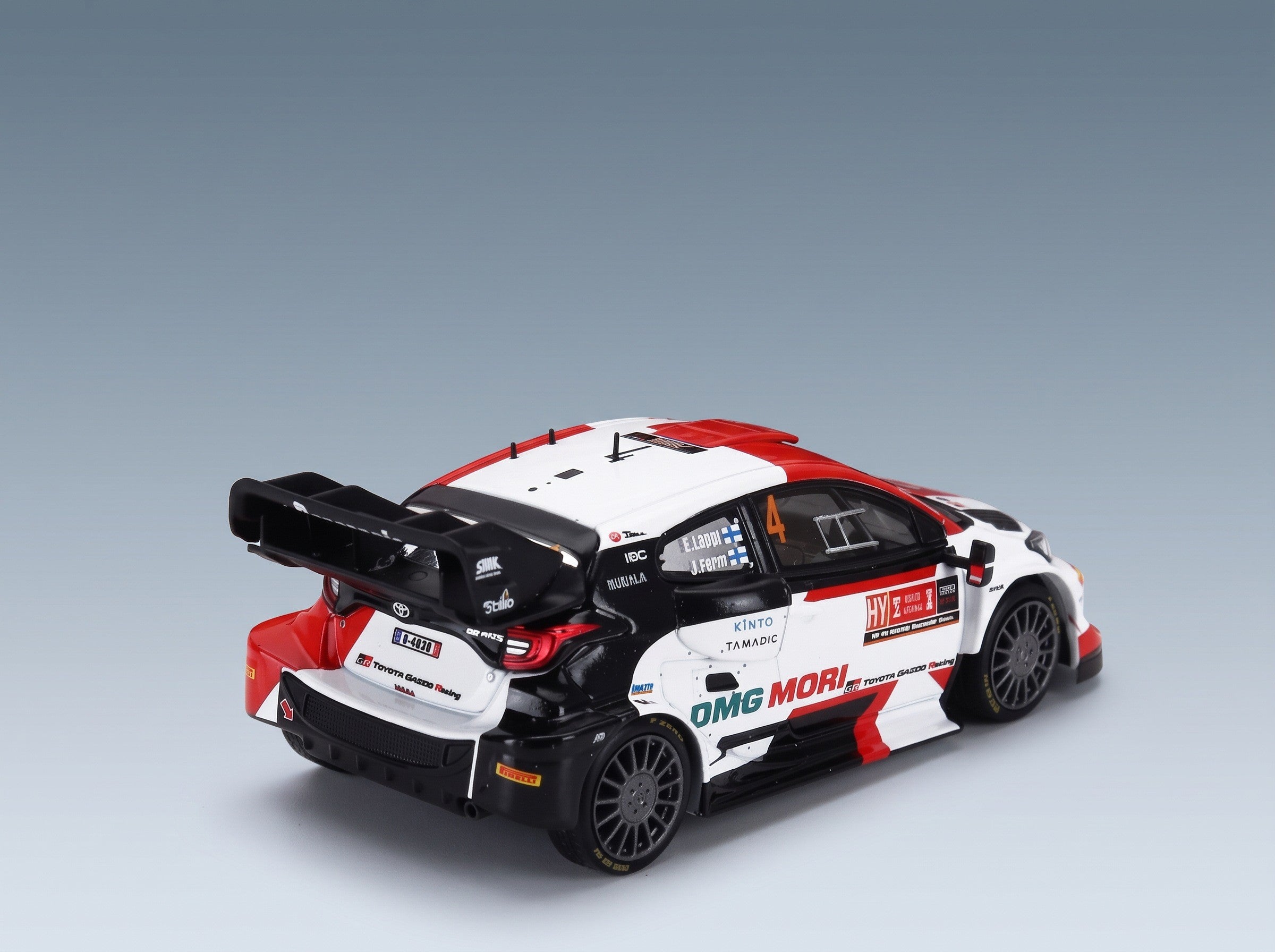 Toyota Yaris GR Rally1 Toyota Gazoo Racing WRT No. 3 Esapekka Lappi Janne Ferm Rally Ypres 2022 IXO Models 1:43 scale model - rear three-quarter view