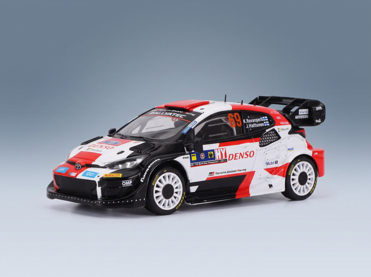 Toyota Yaris GR Hybrid Rally1 Team Toyota Gazoo Racing WRT No. 69 2nd Rally Central European Kalle Rovanpera Jonne Halttunen 2023 IXO Models 1:43 scale model - front three-quarter view, top down