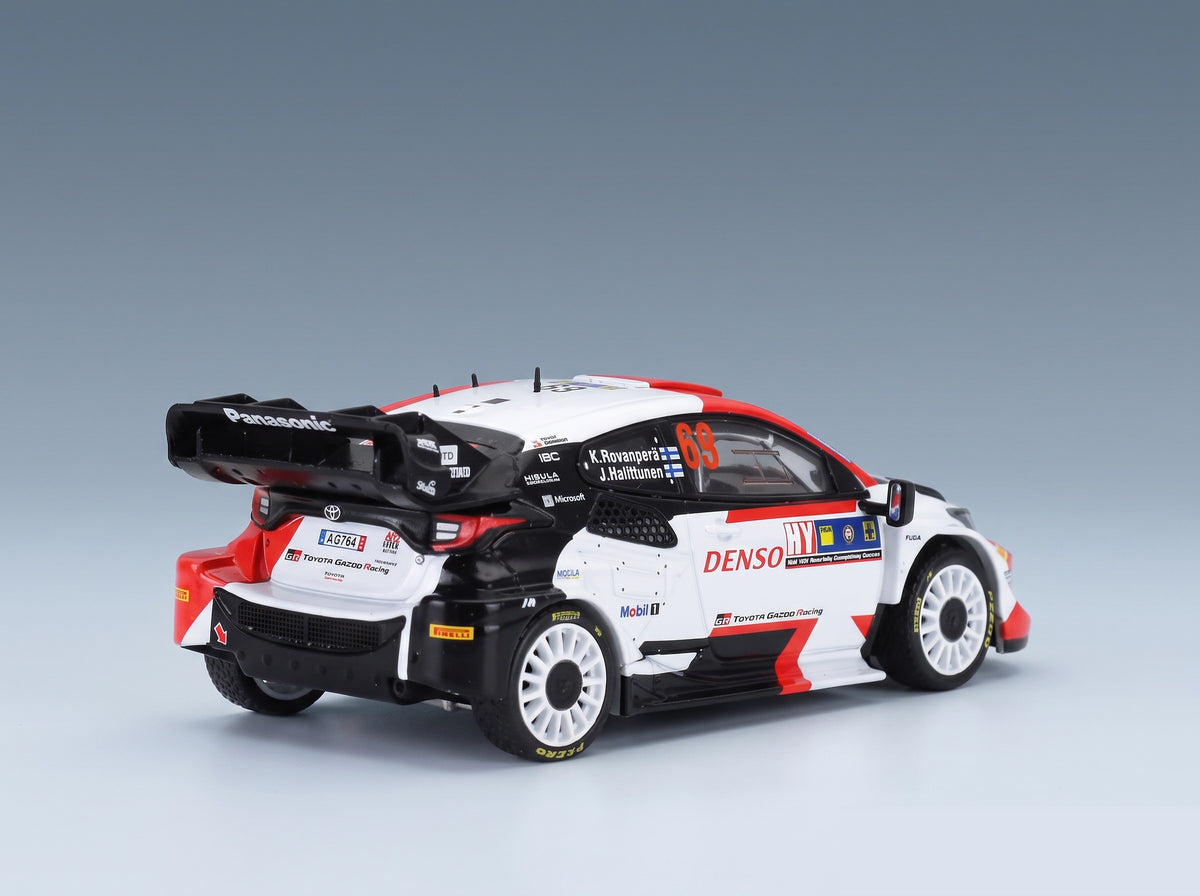 Toyota Yaris GR Hybrid Rally1 Team Toyota Gazoo Racing WRT No. 69 2nd Rally Central European Kalle Rovanpera Jonne Halttunen 2023 IXO Models 1:43 scale model - rear three-quarter view