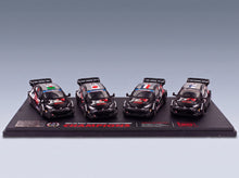 Toyota Yaris GR Hybrid Team Toyota Gazoo Racing WRT No. 17 2nd No. 18 4th No. 33 Winner Rally Japan No. 69 Winner Rally Latvia FIA Champions 2024 Set 4x IXO Models 1:43 scale model - front three-quarter view on display base