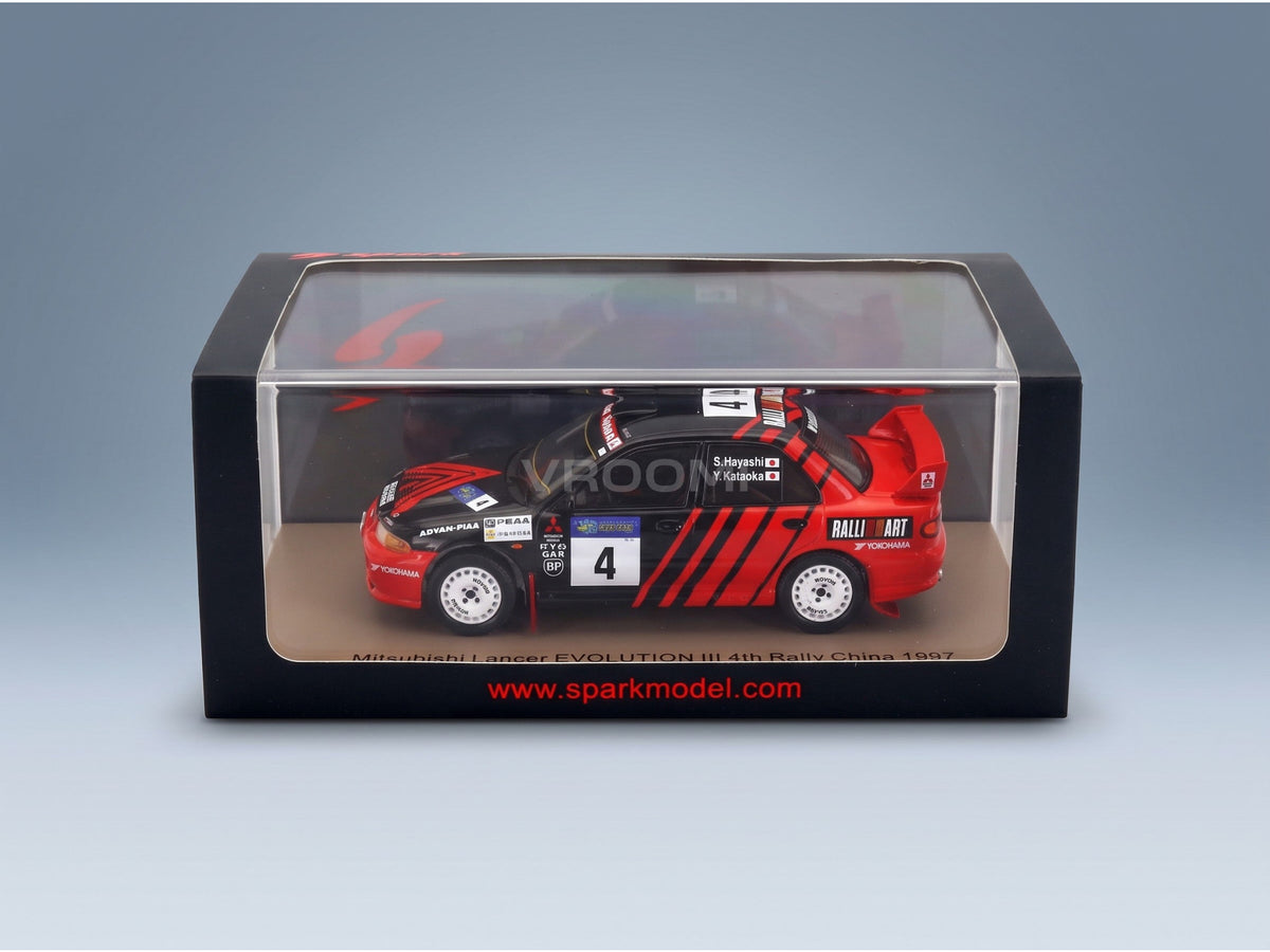 Mitsubishi Lancer Evolution III No. 4 Yoshihiro Kataoka Satoahi Hayashi Rally China 1997 Spark Model 1:43 scale model - original packaging
