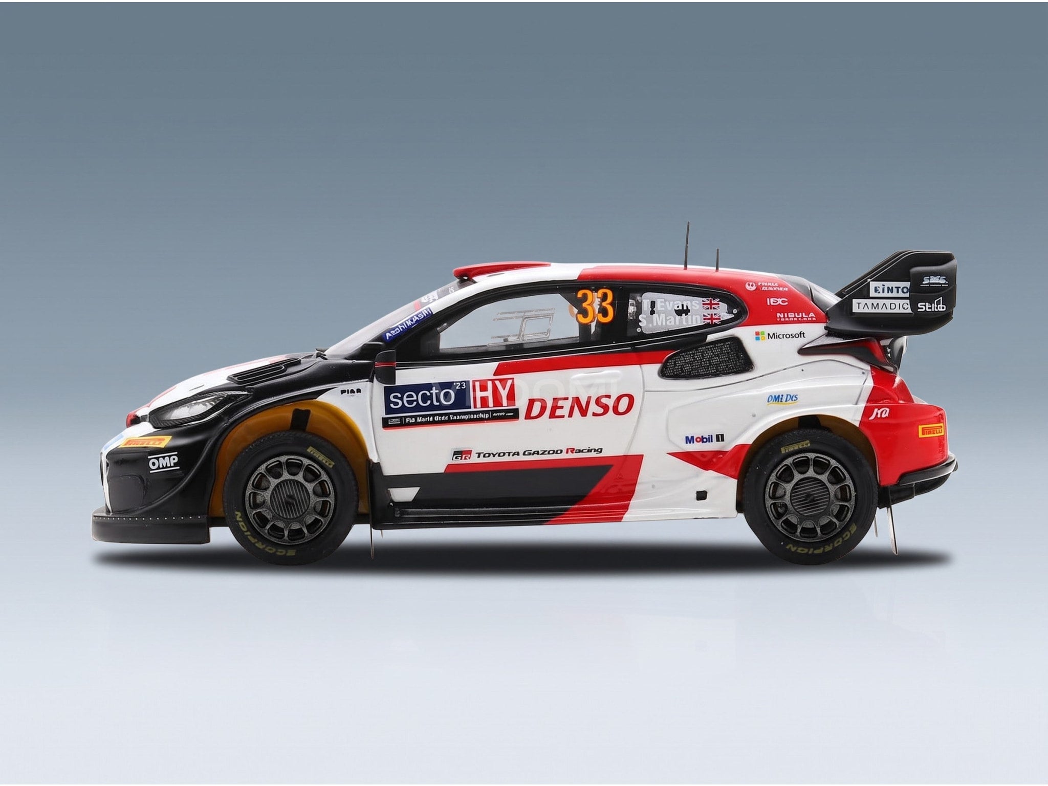 Toyota Yaris GR Hybrid Rally1 Team Toyota Gazoo Racing WRT No. 33 Elfyn Evans Scott Martin Winner Rally Finland 2023 Spark Model 1:43 scale model - side view