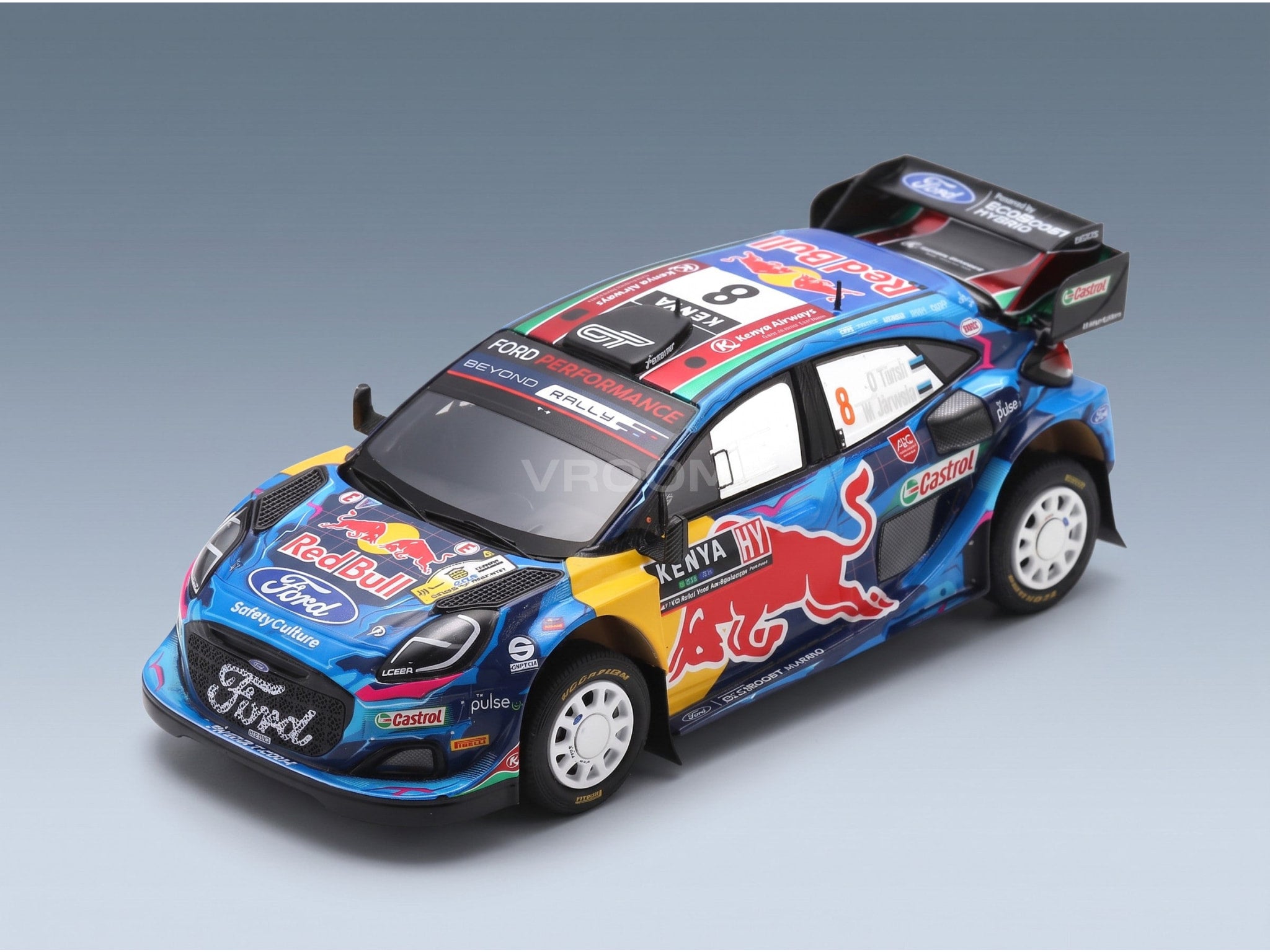 Ford Puma Rally1 Team Ford World Rally M-Sport No. 8 Ott Tänak Martin Järveoja 6th Rally Safari 2023 Spark Model 1:43 scale model - front three-quarter view