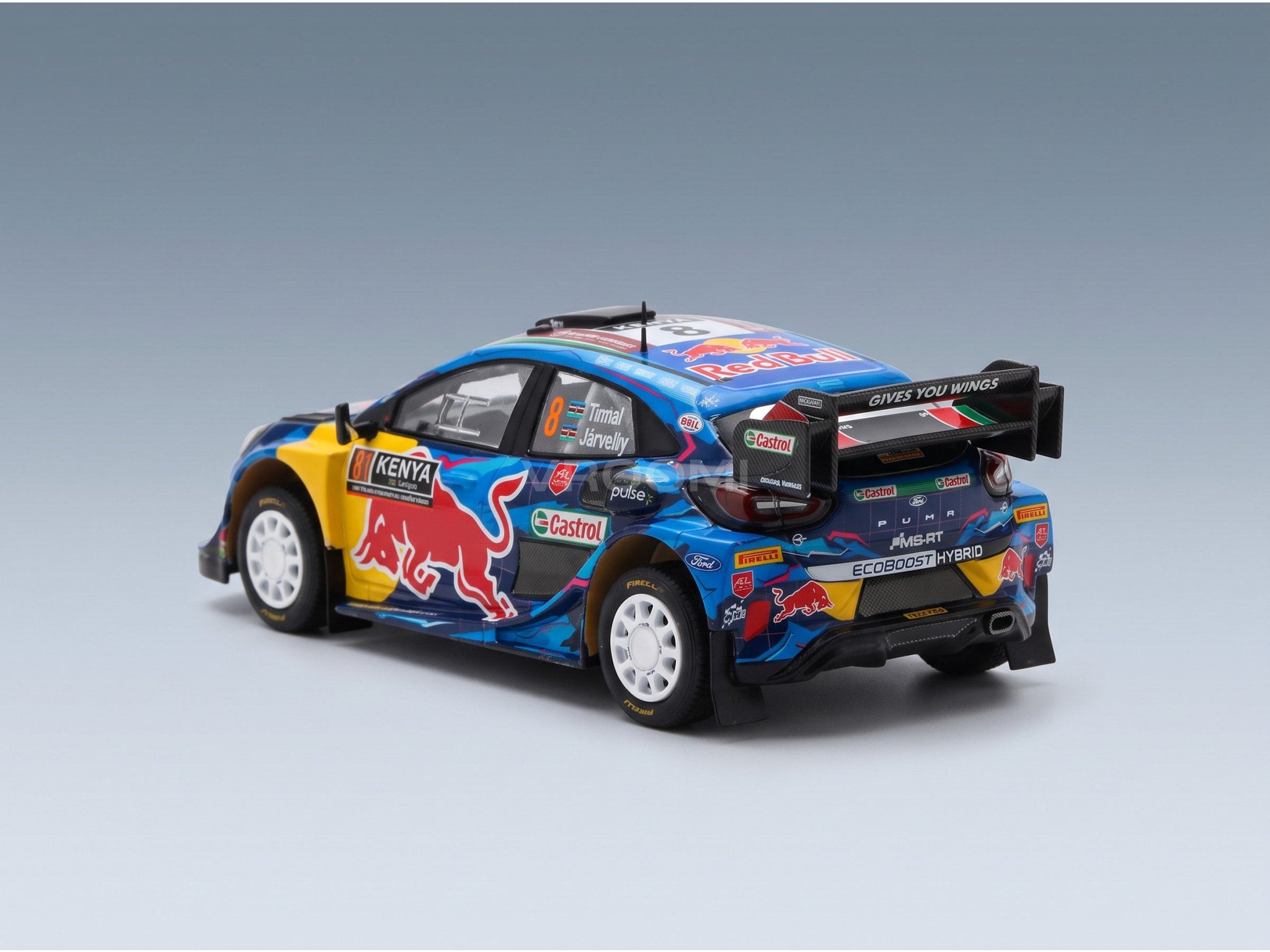 Ford Puma Rally1 Team Ford World Rally M-Sport No. 8 Ott Tänak Martin Järveoja 6th Rally Safari 2023 Spark Model 1:43 scale model - rear three-quarter view