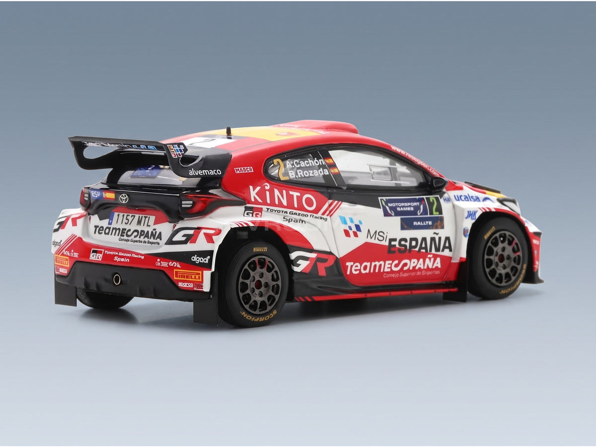 Toyota Yaris GR Rally2 Team Teo Martin Motorsport No. 2 Alejandro Cachon Borja Rozada Winner Rally FIA Motorsport Games Valencia 2024 Spark Model 1:43 scale model - rear three-quarter view