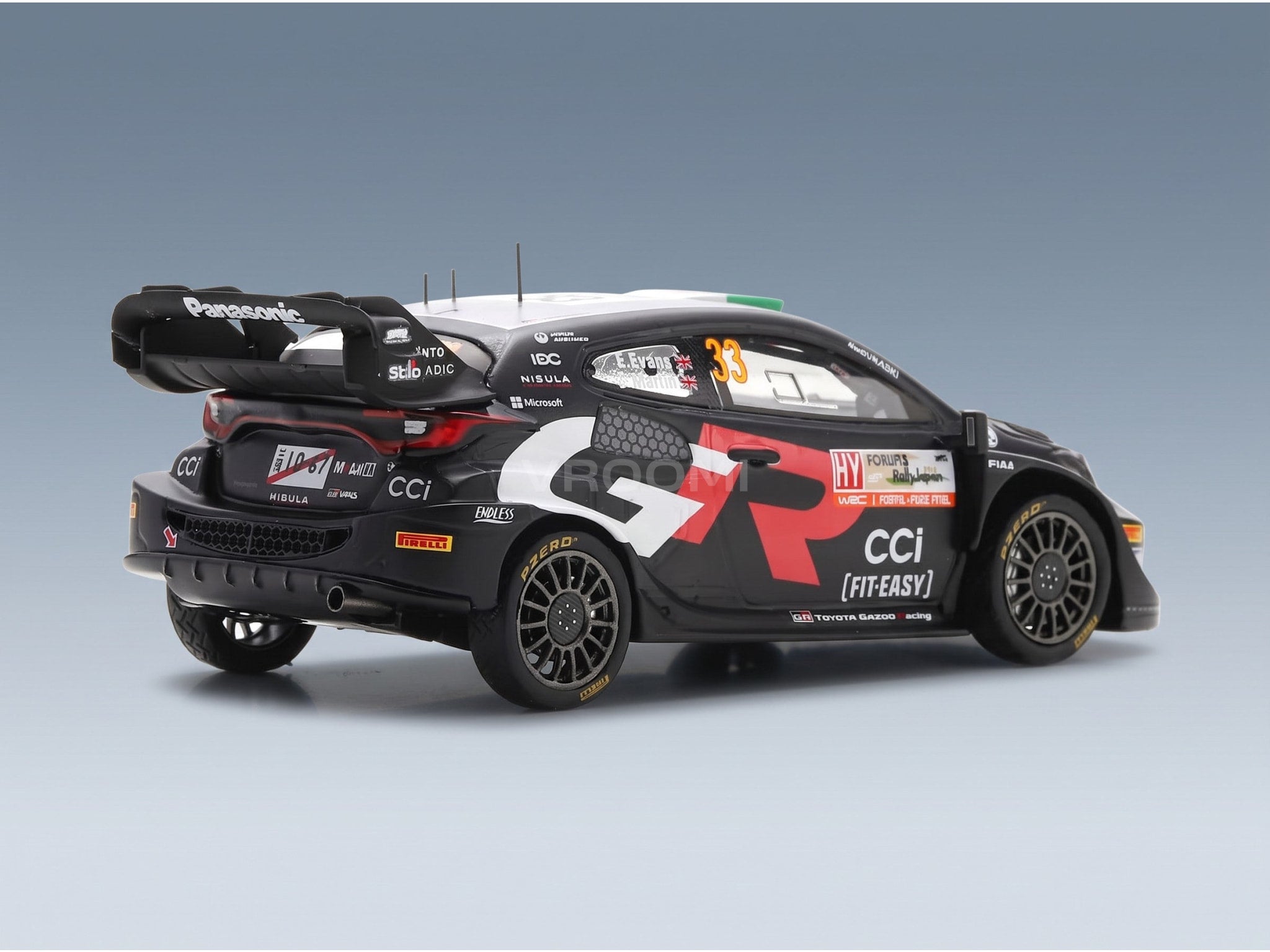 Toyota Yaris GR Rally1 Hybrid Team Toyota Gazoo Racing WRT No. 33 Elfyn Evans Scott Martin Winner Rally Japan 2024 Spark Model 1:43 scale model - rear three-quarter view