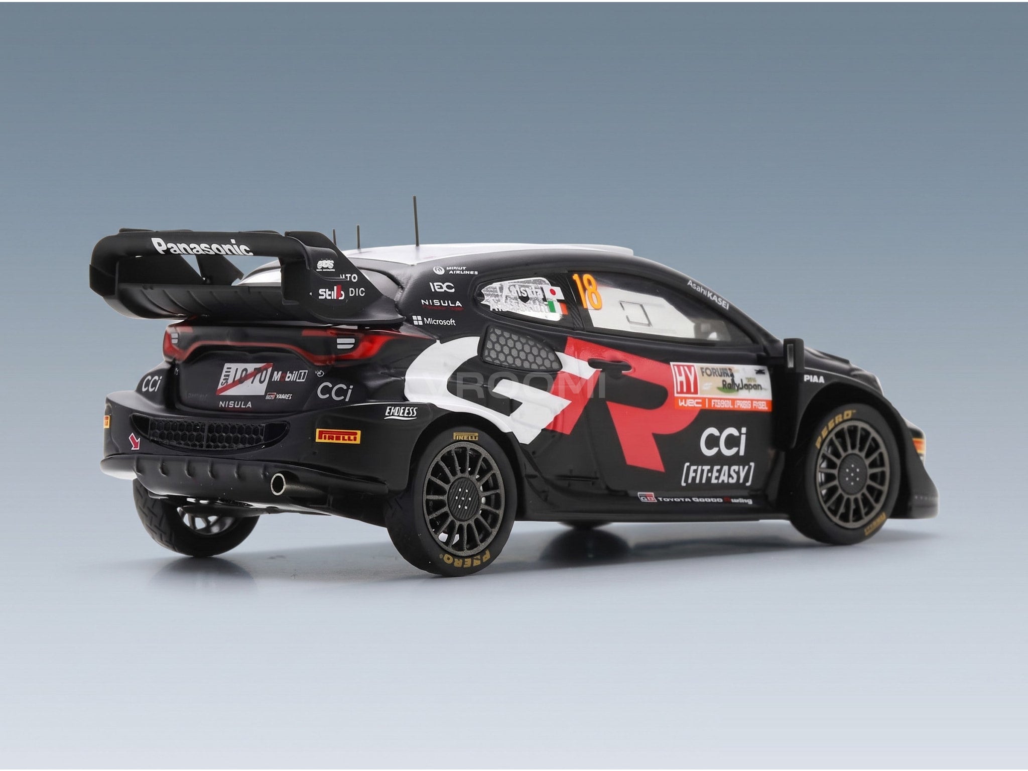 Toyota Yaris GR Rally1 Hybrid Team Toyota Gazoo Racing WRT No. 18 Takamoto Katsuta Aaron Johnston 4th Rally Japan 2024 Spark Model 1:43 scale model - rear three-quarter view